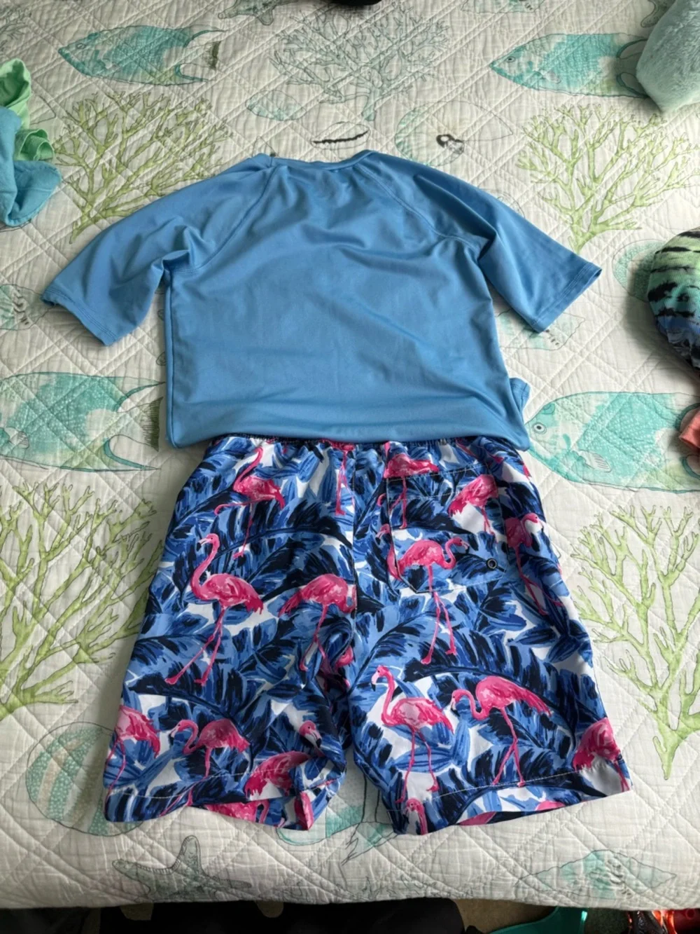 Kids large Blue Rash Guars and large Children’s Place Flamingo Print Swim Trunks
